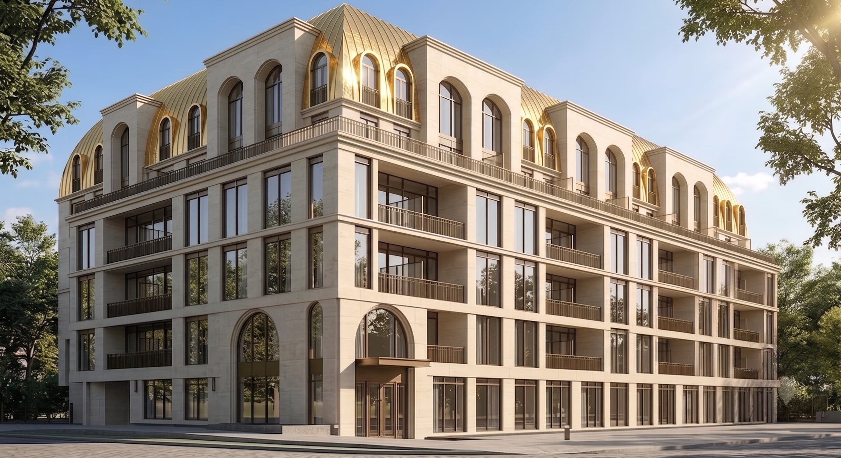 The Bridle Estate — limestone corner elevation beneath a brass-toned curved roof