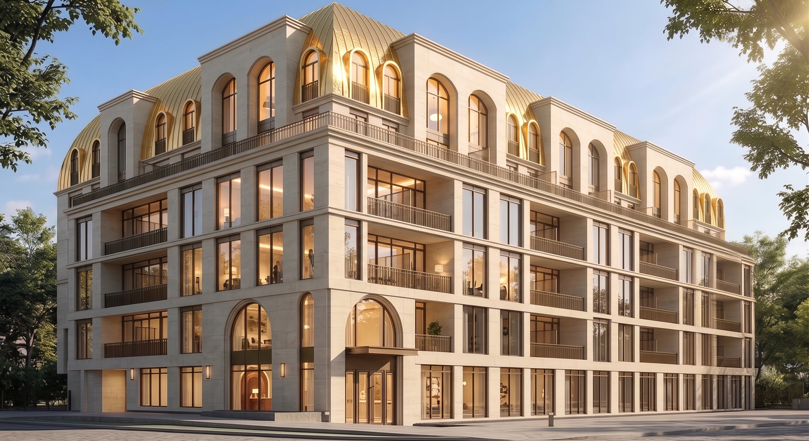 The Bridle Estate at dusk — limestone facade and brass-toned curved roof on Country Lane