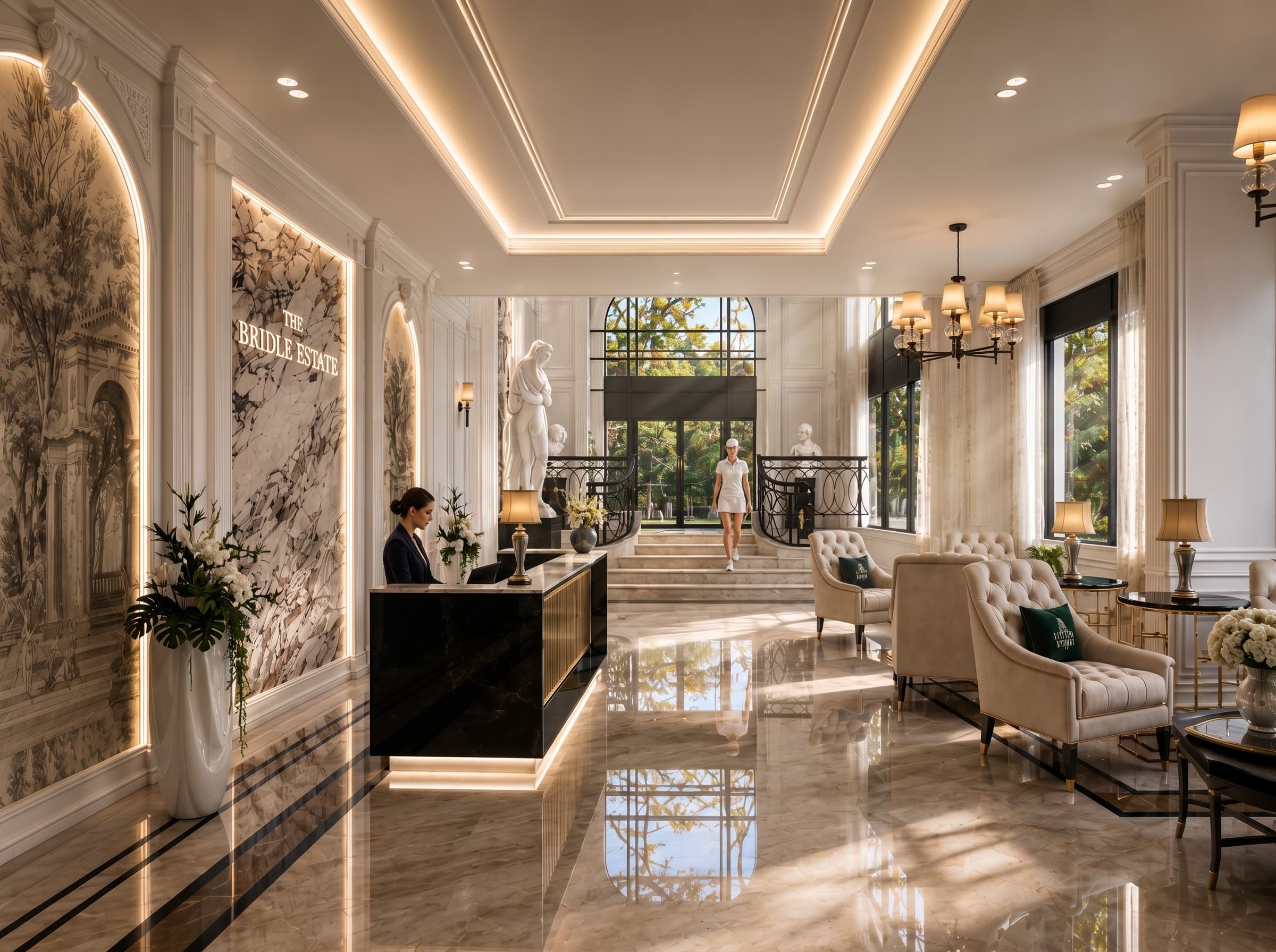 The Bridle Estate lobby — French classical panelling, marble and sculpture
