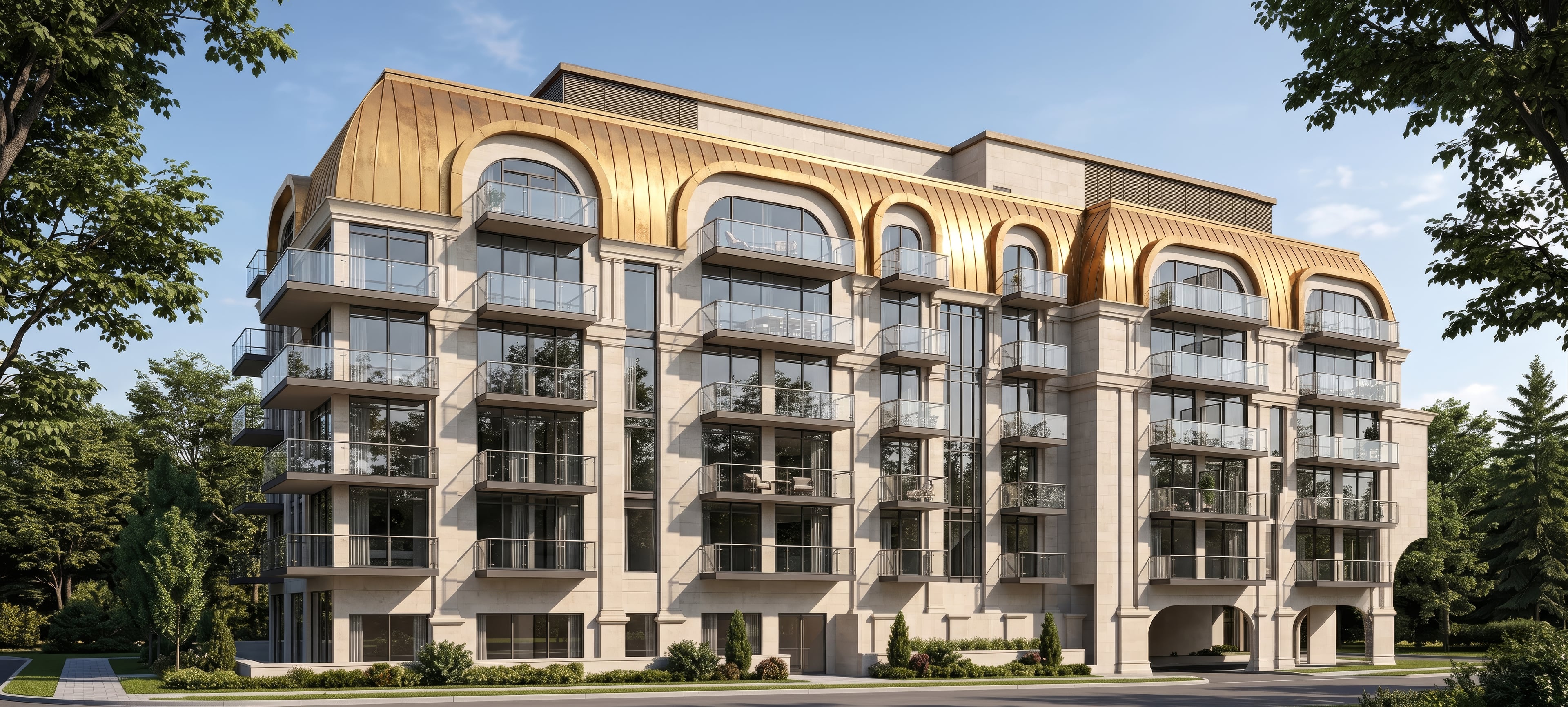 The Bridle Prestige — limestone corner elevation beneath a brass-toned curved roof