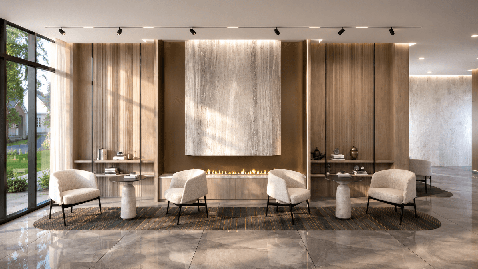 The Bridle Prestige lounge — travertine fireplace wall and warm oak millwork